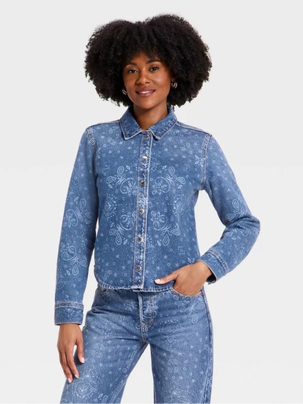 NWT Women's Long Sleeve Collared Denim Shacket Bandana Universal Thread Sz S